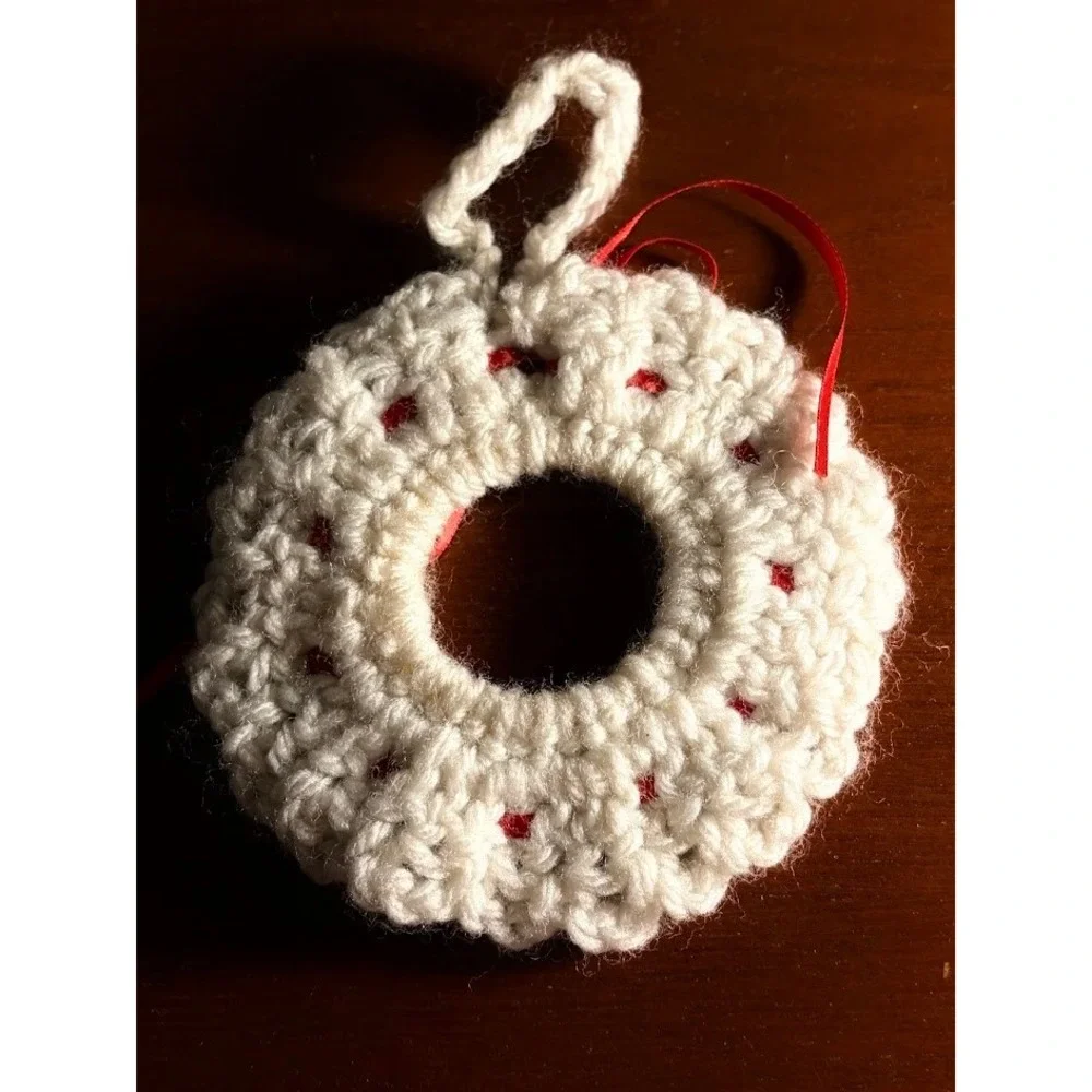 Handmade Crochet Wreath Ornament White Red Ribbon Cottagecore Christmas Decor